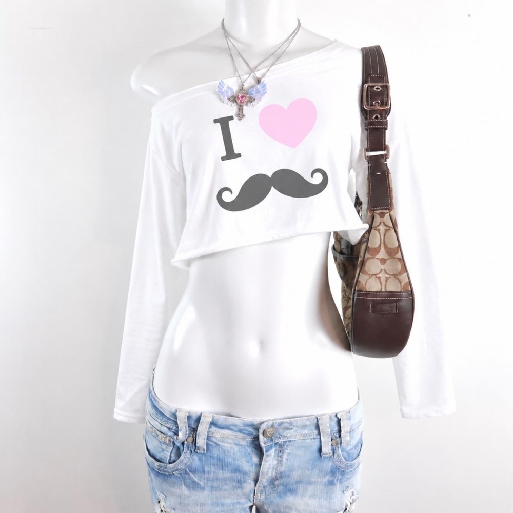 y2k white i love mustache cropped long sleeve top